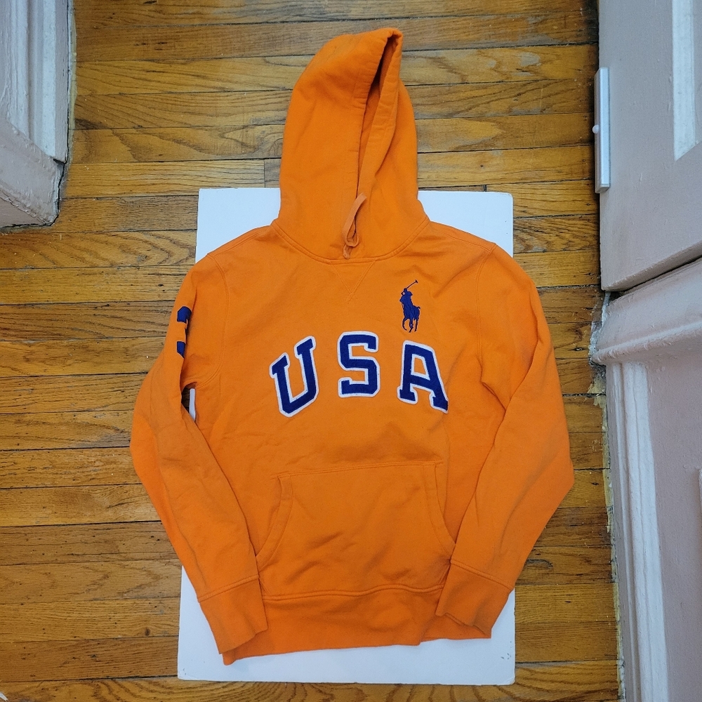 Polo Ralph Lauren Vibrant Orange USA Olympic Hoodie EUC Vintage Bold Maximalist